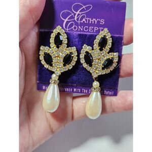 Cathy's Concepts Gold Tone Faux Pearl Black Rhinestone Dangling Earrings